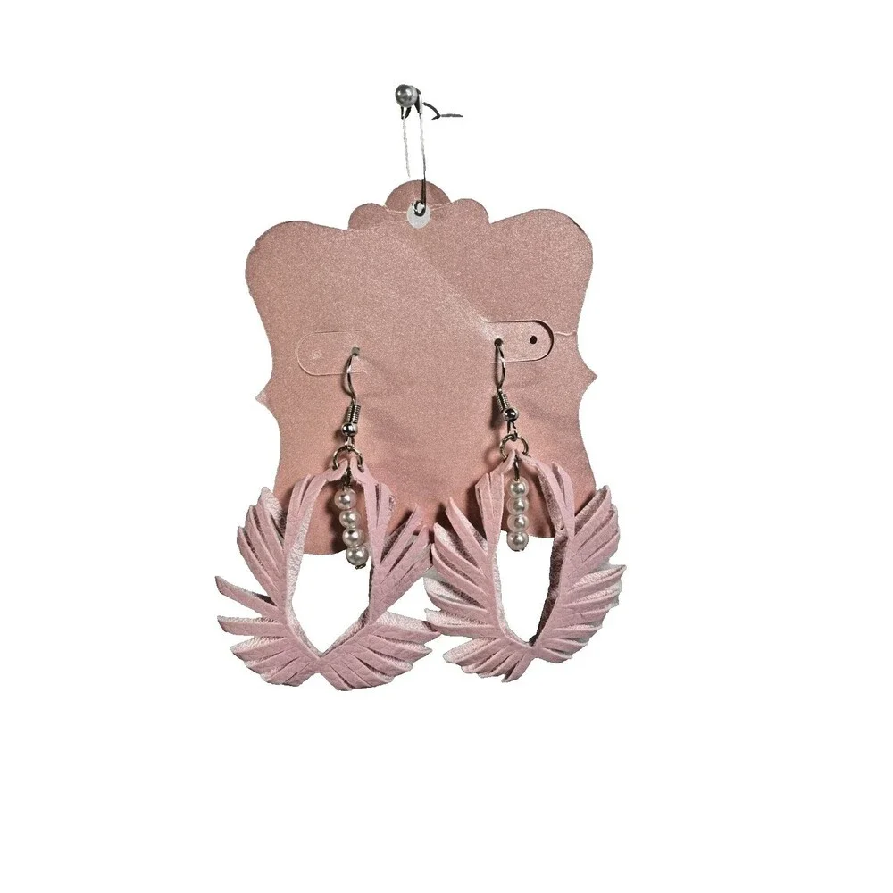 Handmade 3D Sculptured Pink Leather Feather Earrings with Pearl Accents